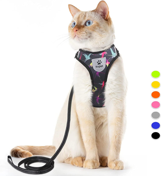 Cat Harness and Leash Set Stylish Escape Proof Cat Vest Harness Adjustable Breathable Pet Harness with Reflective Trim Step-In Cat Leash and Harness for Cats Puppies S（Chest:9.6-15.7'' Black