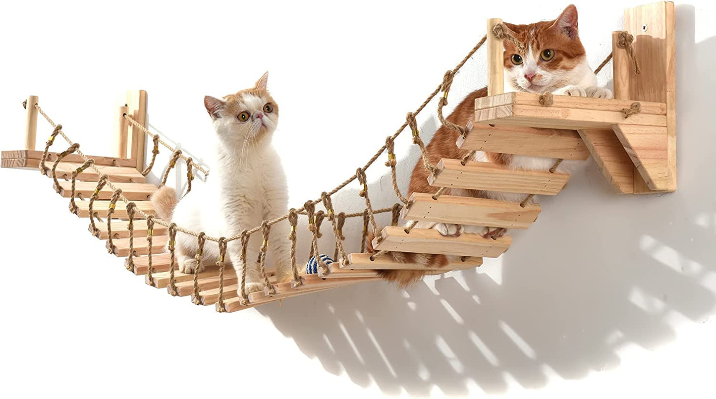 Cat Wall Shelves Cat Bridge with 2 Fixed Brackets & Cat Toys, Wood Cat Cloud Shelf Board Cat Climber Cat Beds & Furniture Cat Perch Floating Hammock Cat Condo Tree