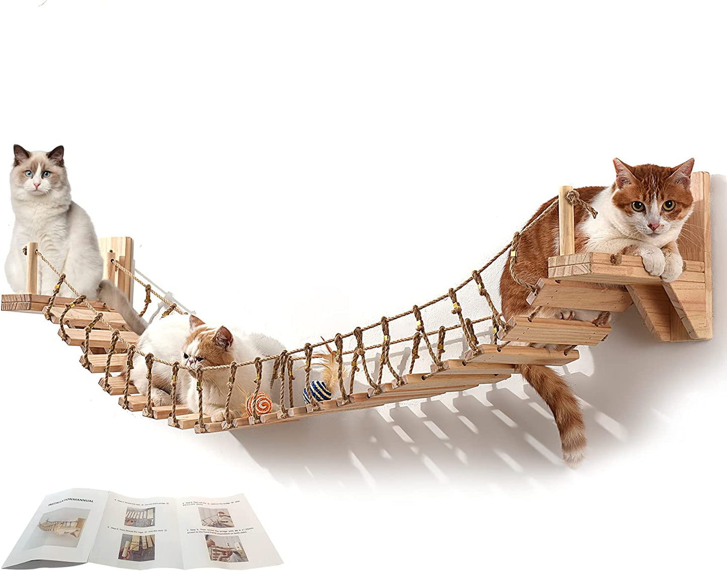 Cat Wall Shelves Cat Bridge with 2 Fixed Brackets & Cat Toys, Wood Cat Cloud Shelf Board Cat Climber Cat Beds & Furniture Cat Perch Floating Hammock Cat Condo Tree