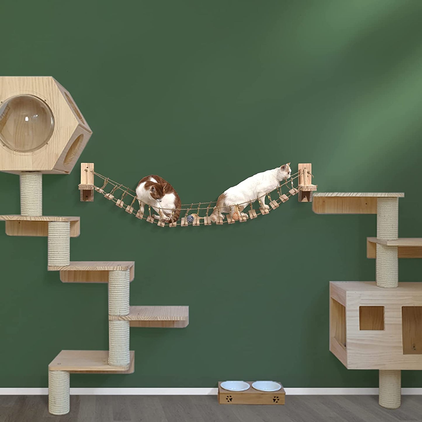 Cat Wall Shelves Cat Bridge with 2 Fixed Brackets & Cat Toys, Wood Cat Cloud Shelf Board Cat Climber Cat Beds & Furniture Cat Perch Floating Hammock Cat Condo Tree